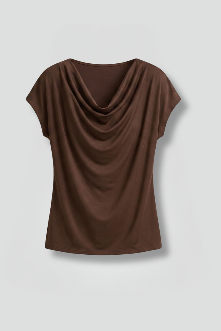 Elegant women's draped cowl neck blouse with short sleeves, perfect for a chic and comfortable look.