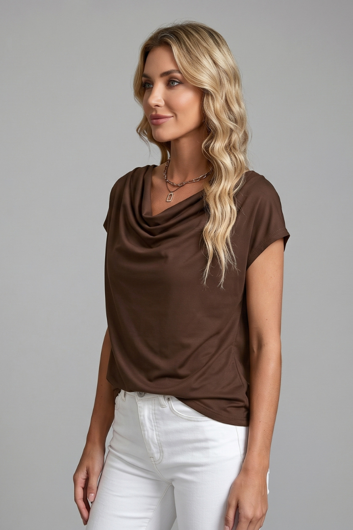 Fashionable women's short sleeve top with elegant drape and cowl neck design for women.