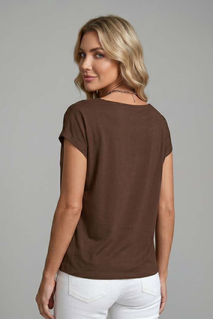 Draped cowl neck women's blouse, short sleeve design offers comfort and versatile style.