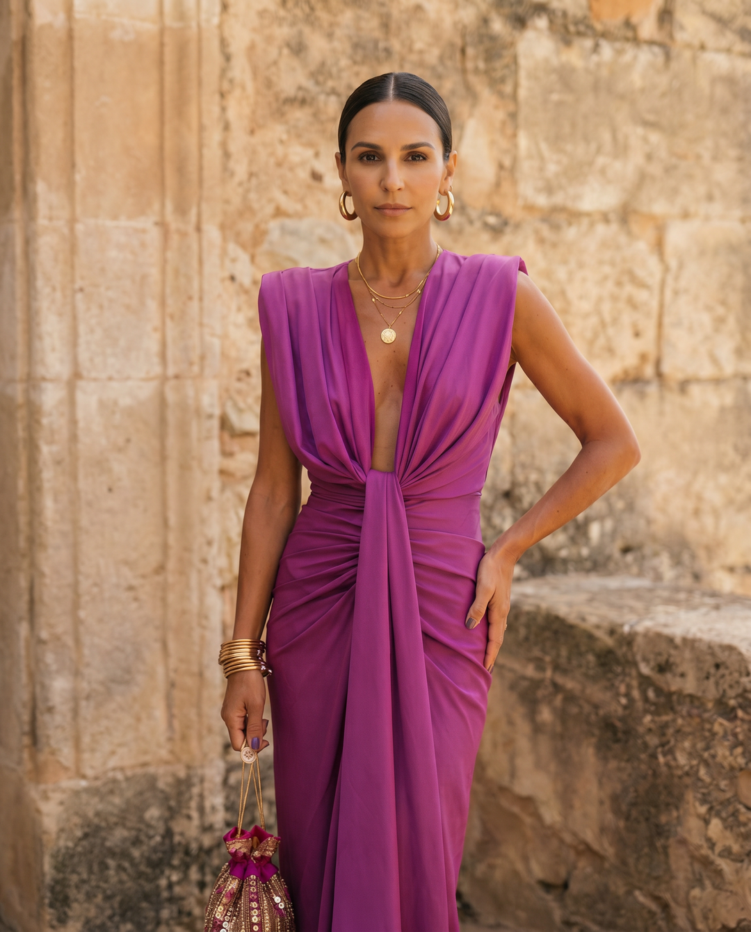 Blue draped evening dress for women. Flattering formal gown, elegant for parties & special occasions.