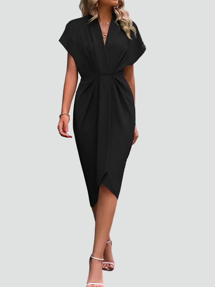 Chic women's draped V-neck midi dress with split. Versatile, elegant, and perfect for evening & party fashion.