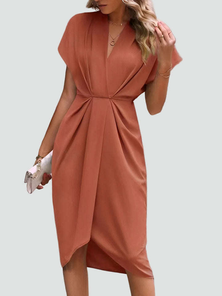 Formal V-neck midi dress for women, featuring elegant draping and a fashionable split. Perfect party dress.