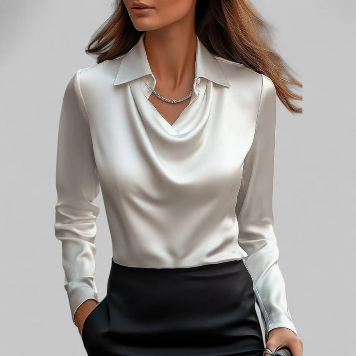 Elegant Women's Draped Neck Long Sleeve Blouse, perfect for office or evening wear.