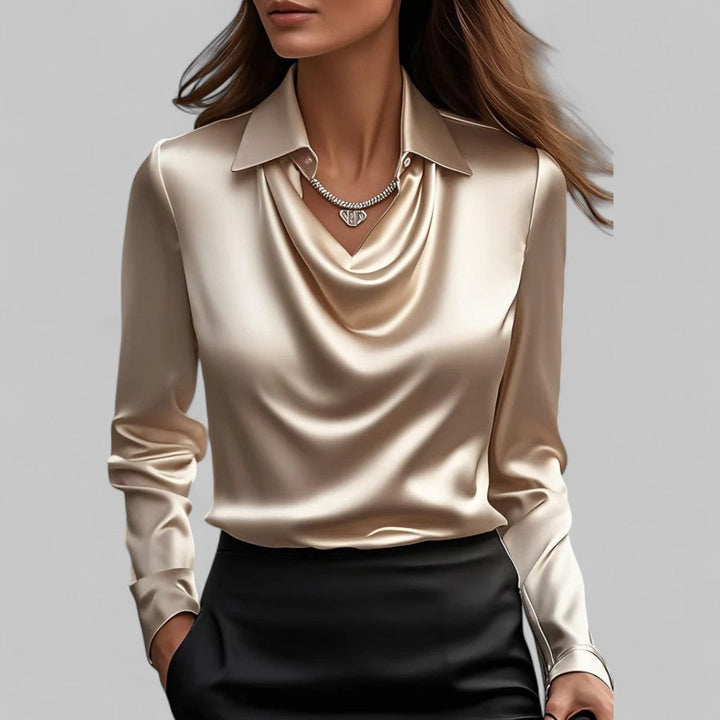 Chic and elegant women's draped neck blouse, a must-have long sleeve top.