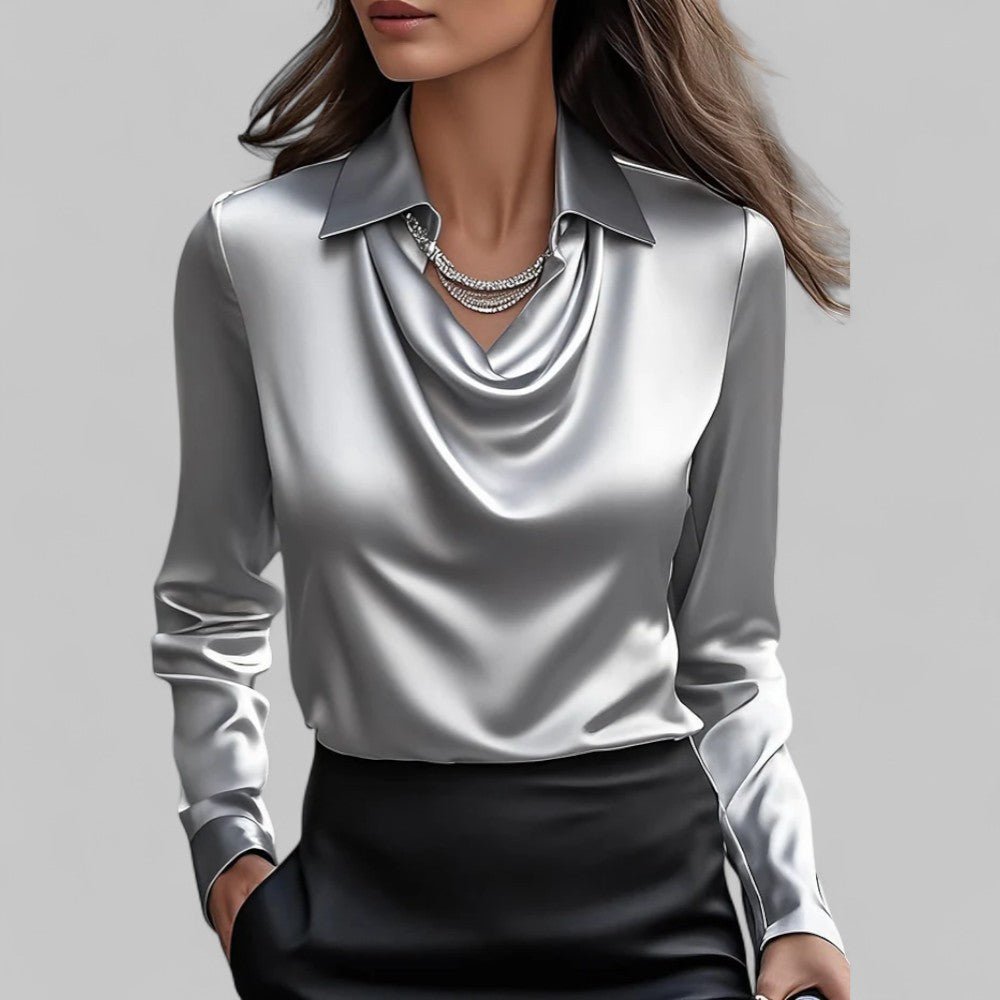Chic women's long sleeve blouse with a stylish draped neck. Versatile fashion top.