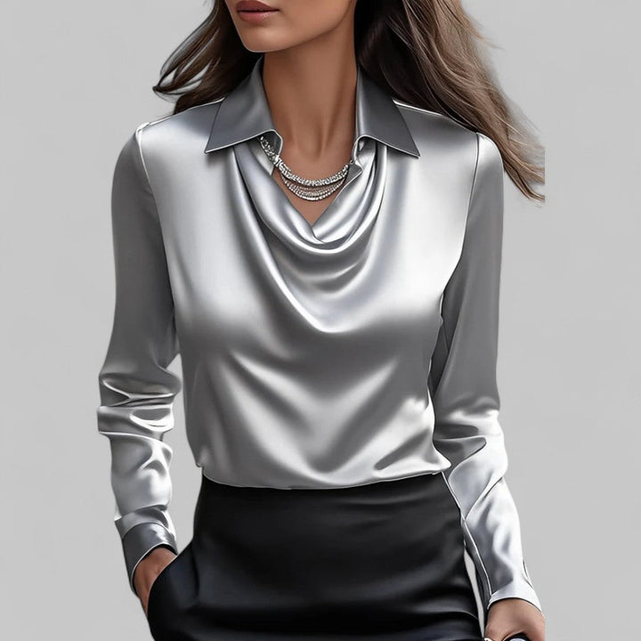 Chic women's long sleeve blouse with a stylish draped neck. Versatile fashion top.