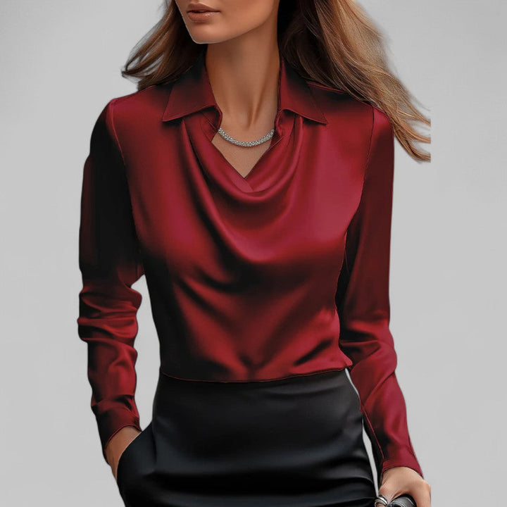 Office-ready or evening elegant women's blouse with a graceful draped neck.