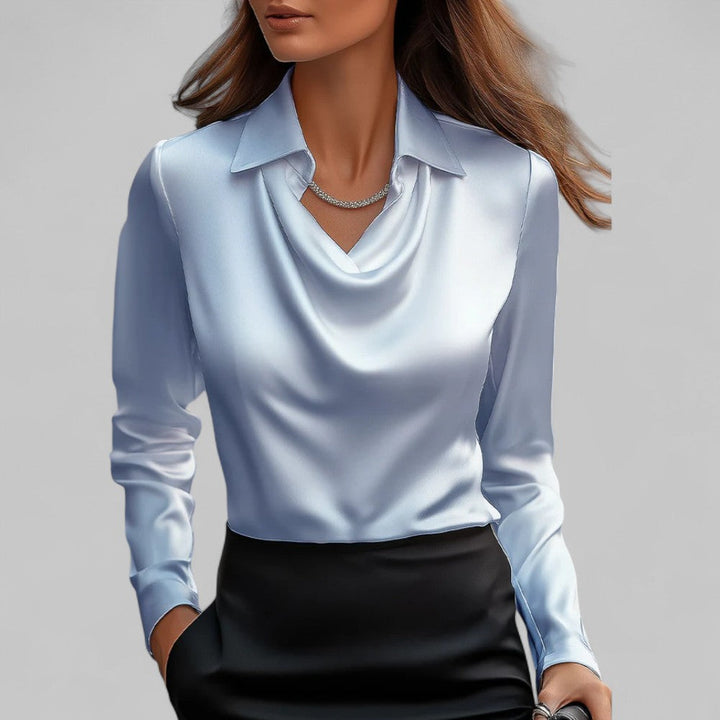 Stylish women's long sleeve top, chic draped neck blouse for versatile fashion.
