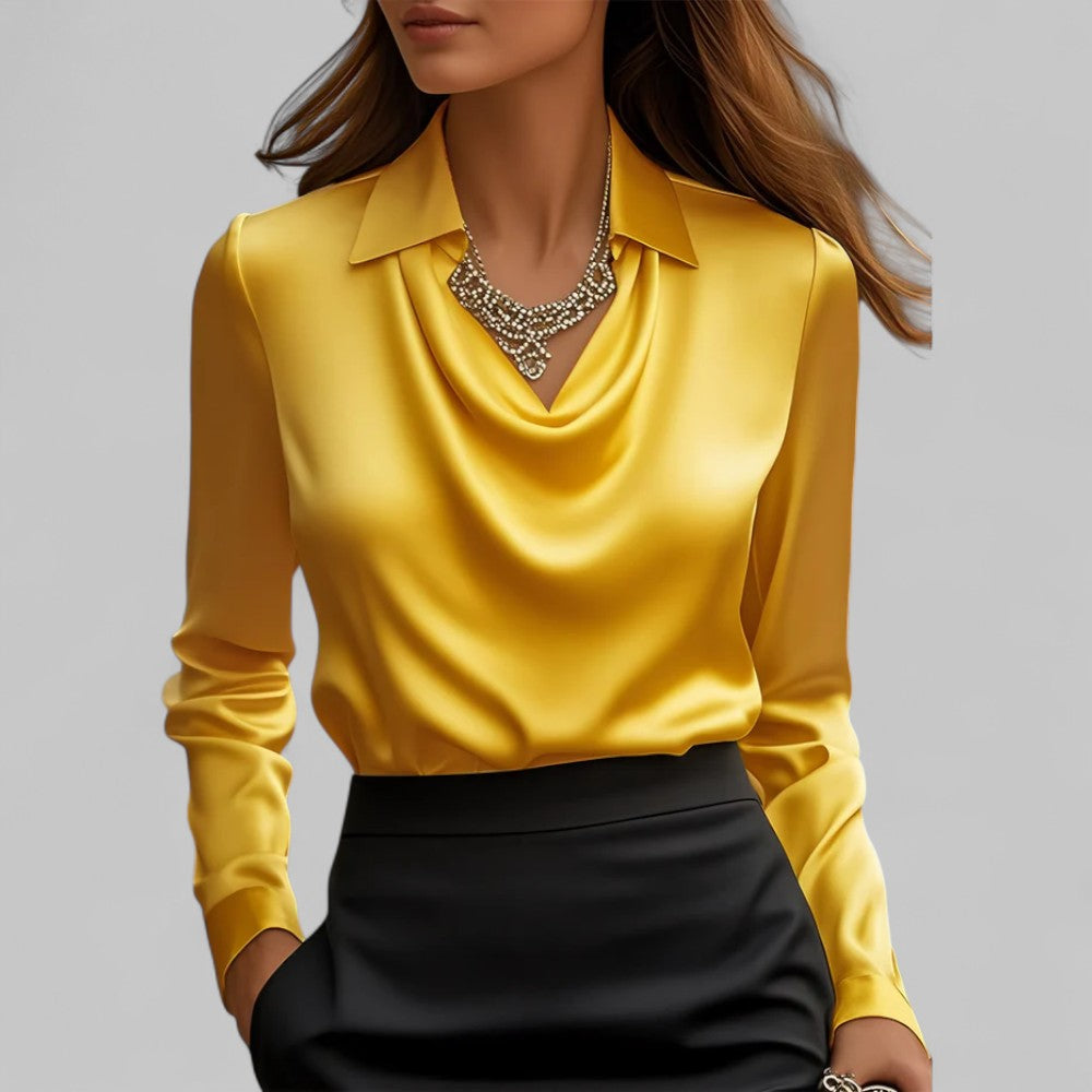 Elegant women's blouse, draped neck long sleeve top for evening and office wear.