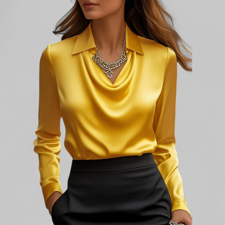Elegant women's blouse, draped neck long sleeve top for evening and office wear.
