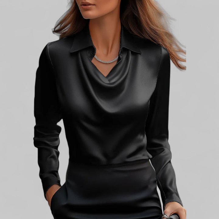 Fashionable women's long sleeve blouse, featuring an elegant draped neckline.