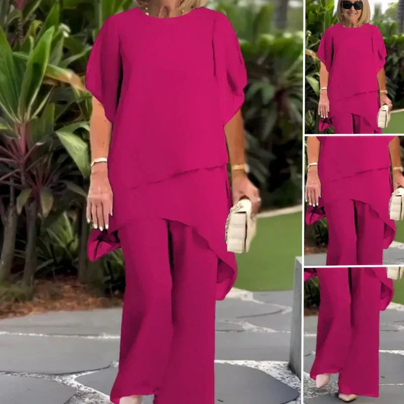 Women's elegant draped palazzo pants & top set, a comfortable two-piece wide-leg fashion ensemble.