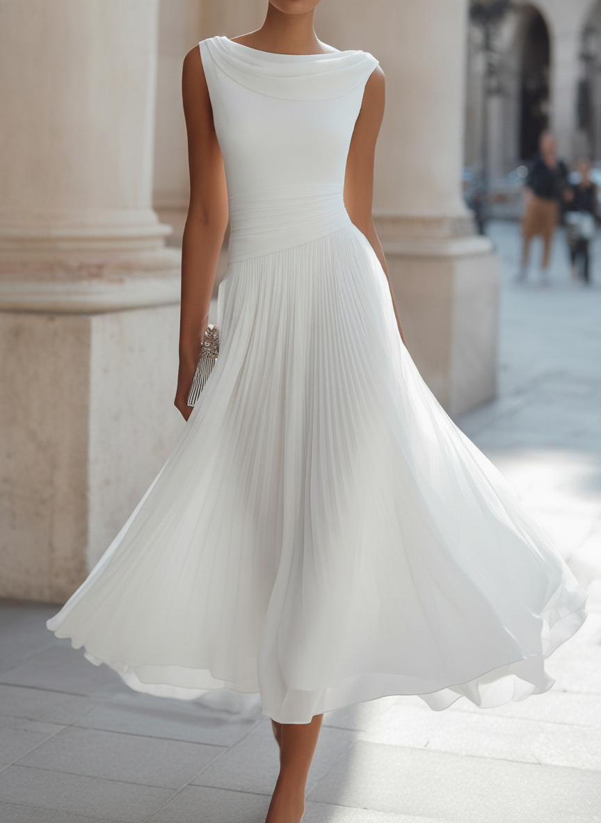 Elegant women's draped pleated midi dress, perfect for sophisticated occasion wear. Sleeveless design.