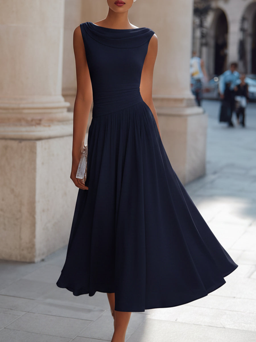 Chic women's pleated midi dress, ideal for wedding guests, parties, and formal evening events. Draped style.
