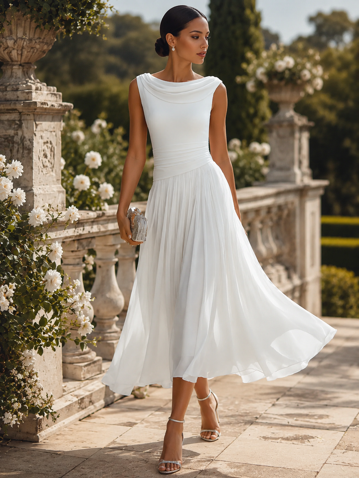 Women's elegant draped & pleated midi dress, a sophisticated sleeveless option for any special occasion.