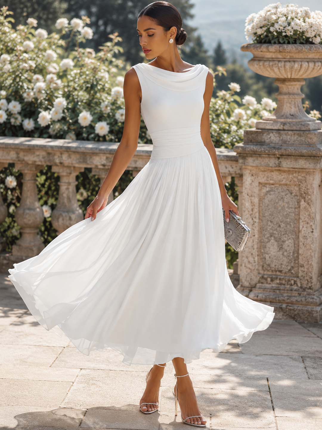 Flattering women's draped pleated midi dress, offering an elegant & sophisticated look for evening wear.