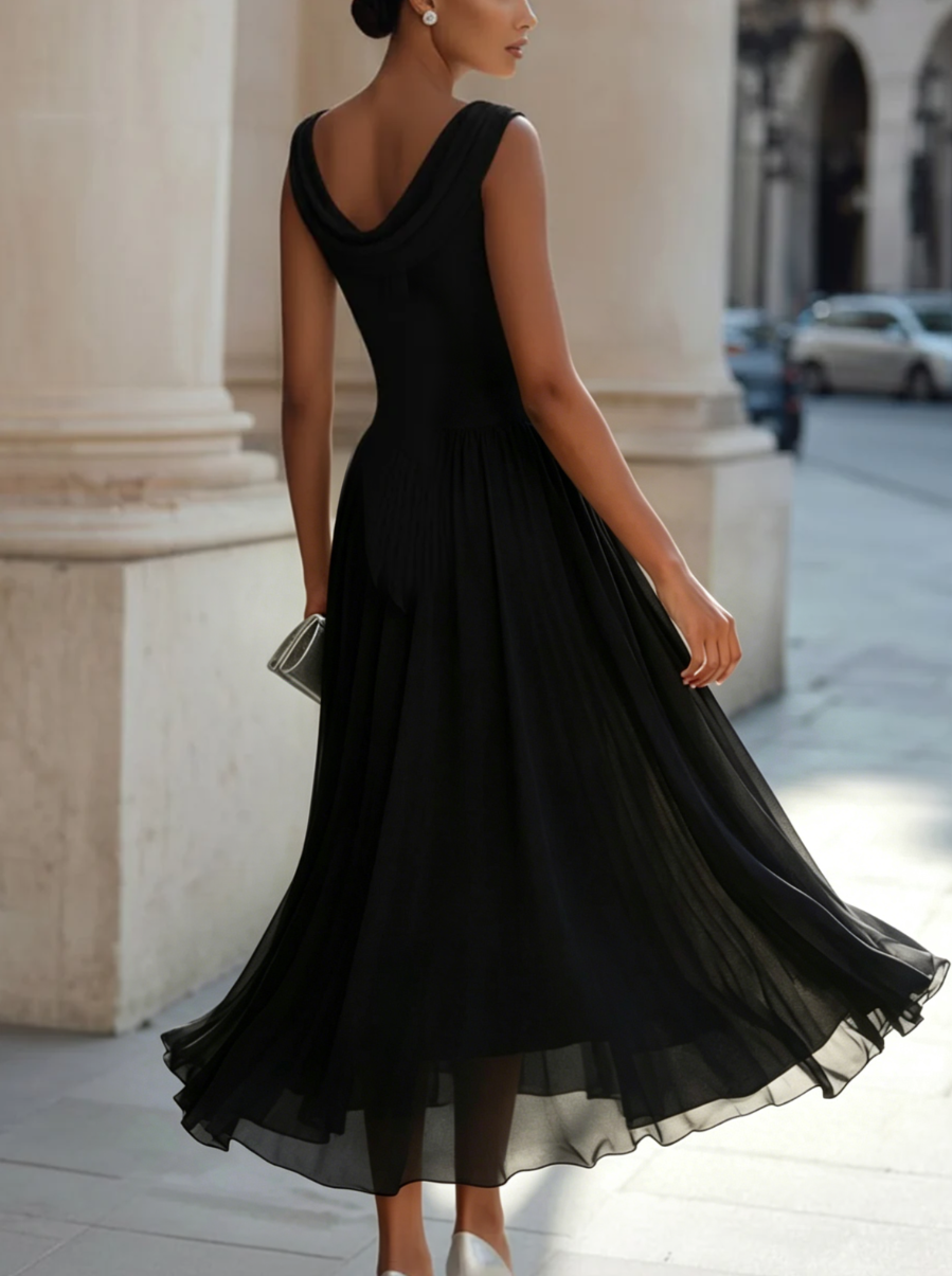 Sleeveless women's midi dress with elegant pleats & a draped design, perfect for formal occasion wear.