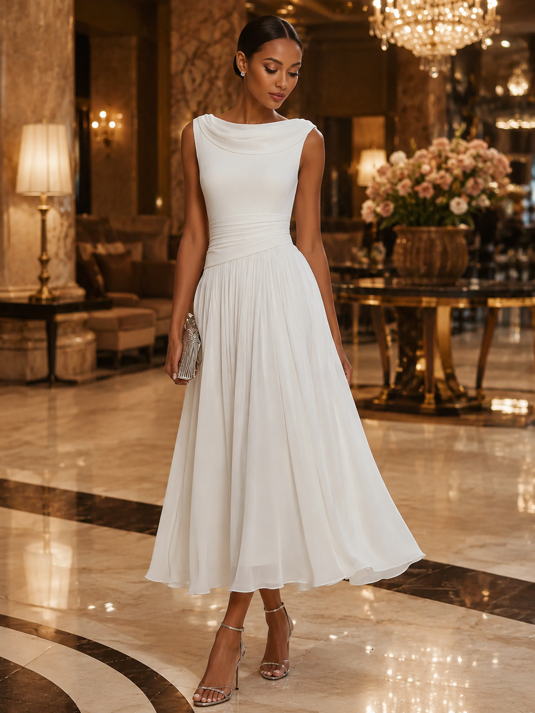 Beautiful draped pleated midi dress for women, an elegant sleeveless choice for parties & special events.
