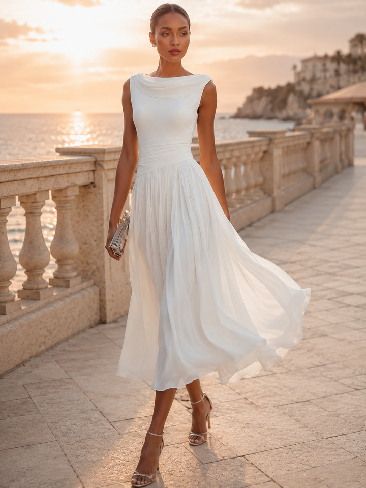 Women's elegant sleeveless draped pleated midi dress, sophisticated occasion wear for formal events.
