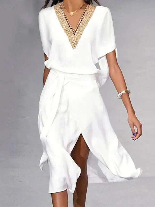 Flattering women's formal wrap midi dress with draped sleeves, ideal for party, cocktail or special occasions.