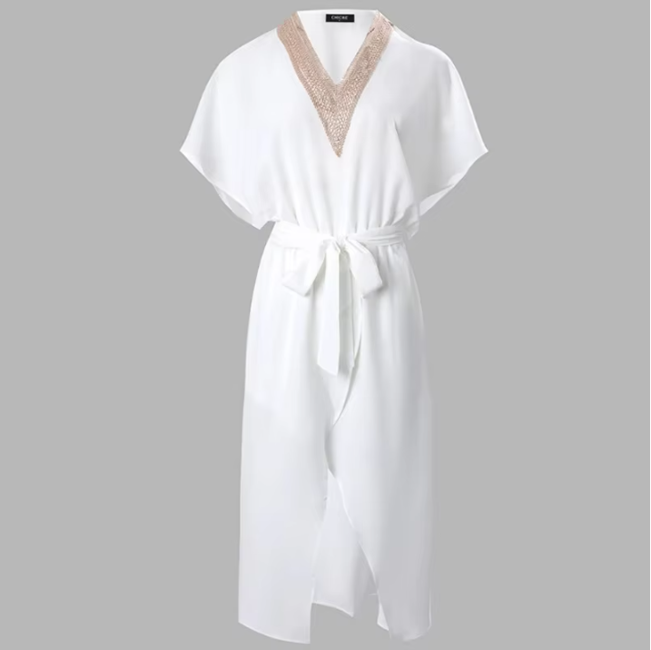 Sophisticated women's occasionwear midi dress featuring draped sleeves & a flattering wrap design. Elegant party wear.