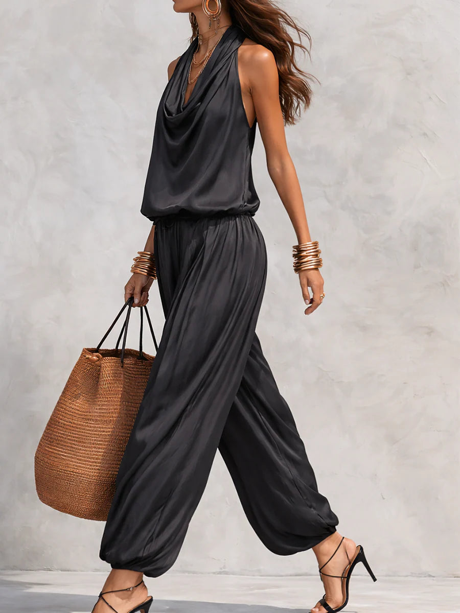Women's elegant two-piece set with a beautiful draped design & comfortable wide-leg pants. Ideal for summer.