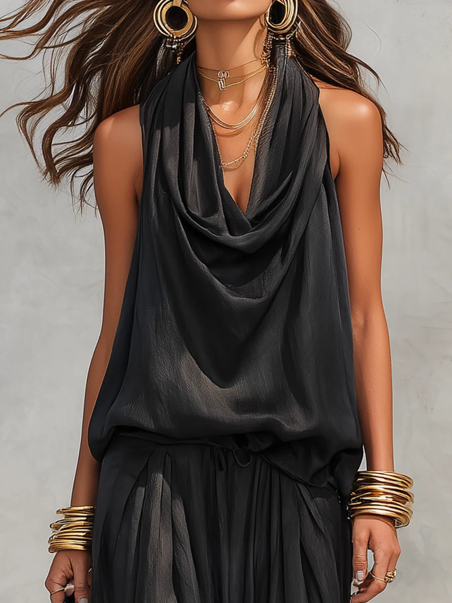 Chic women's draped two-piece set, combining elegance & comfort. Relaxed fit, perfect for summer & evening events.