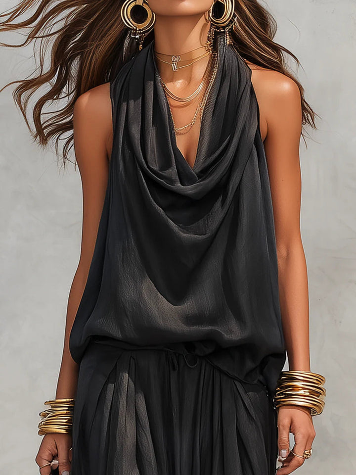 Chic women's draped two-piece set, combining elegance & comfort. Relaxed fit, perfect for summer & evening events.