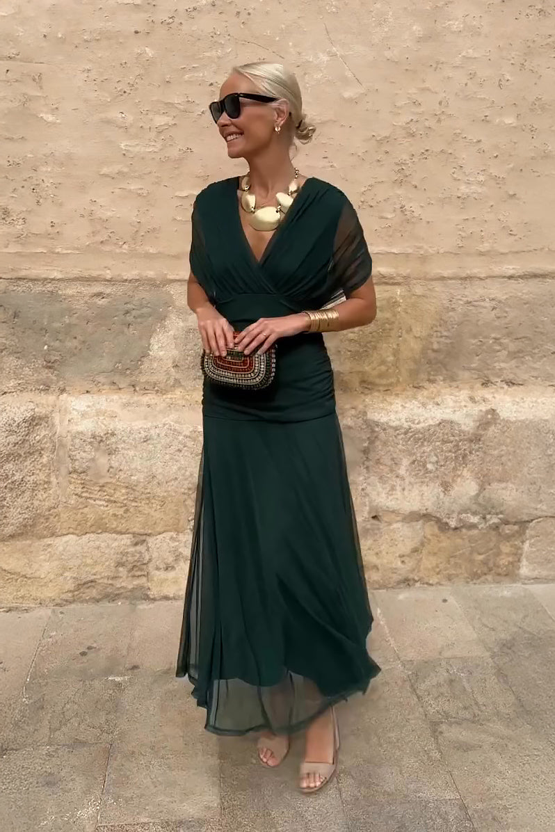 Elegant women's draped V-neck maxi dress, perfect for formal evening parties & special occasions.