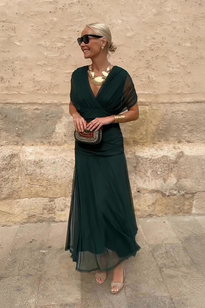 Elegant women's draped V-neck maxi dress, perfect for formal evening parties & special occasions.