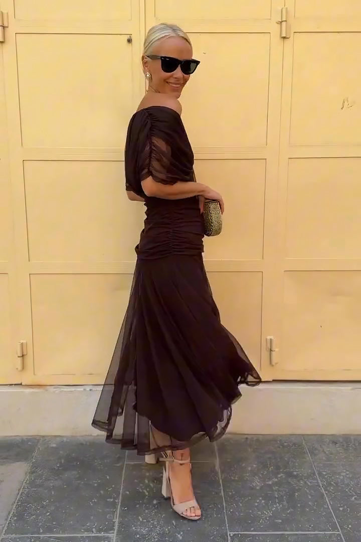 Chic women's long V-neck maxi dress with flattering draping, perfect for formal, party & special occasions.