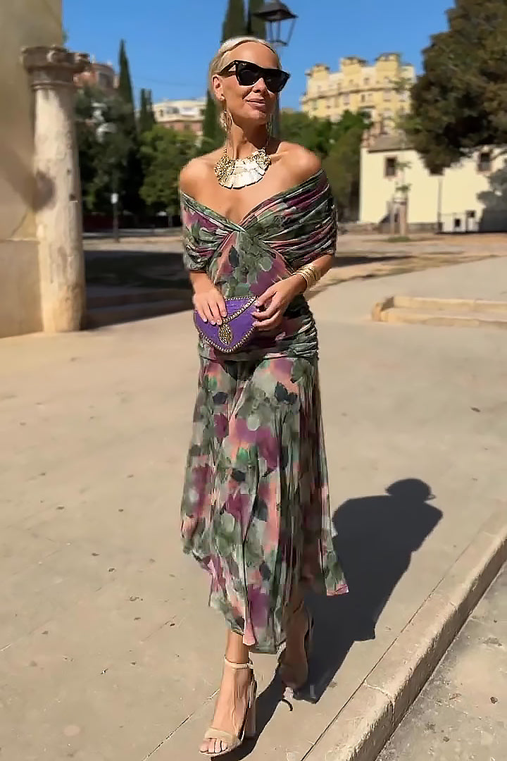 Stunning women's long evening dress with draped V-neck, a beautiful choice for formal events & parties.