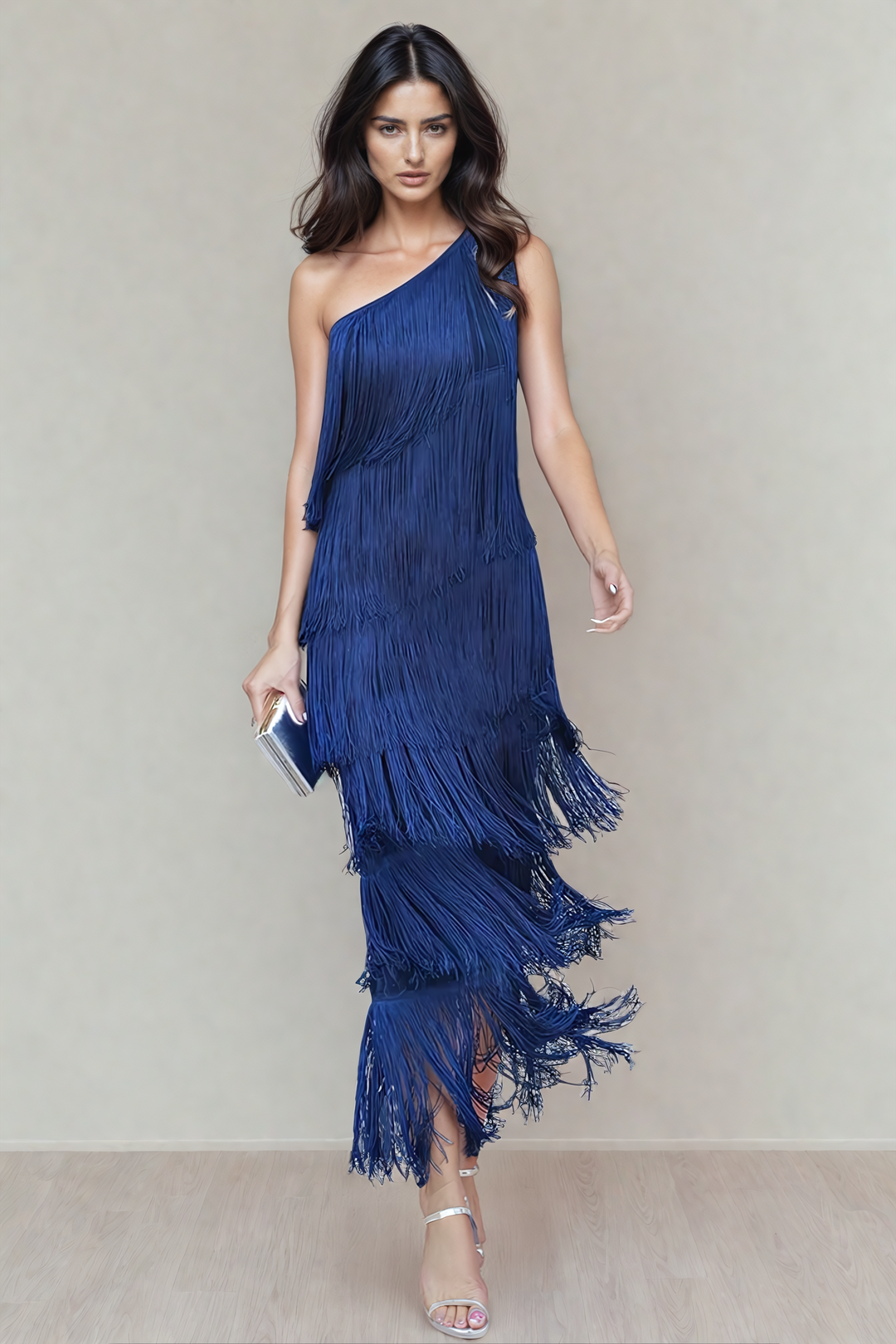 Versatile navy blue dropped shoulder long dress for women, comfortable & sophisticated evening wear.