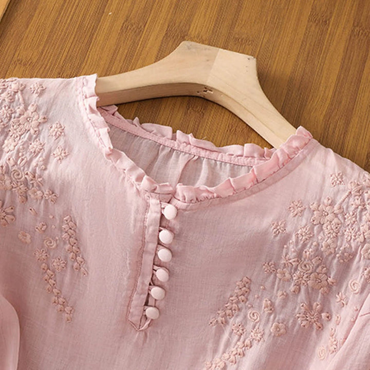 Stylish women's embroidered 3/4 sleeve shirt with a button front, an elegant & comfortable summer top.