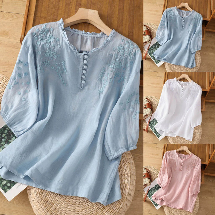Versatile women's embroidered 3/4 sleeve blouse in a relaxed fit, perfect for elegant spring/summer daily wear.