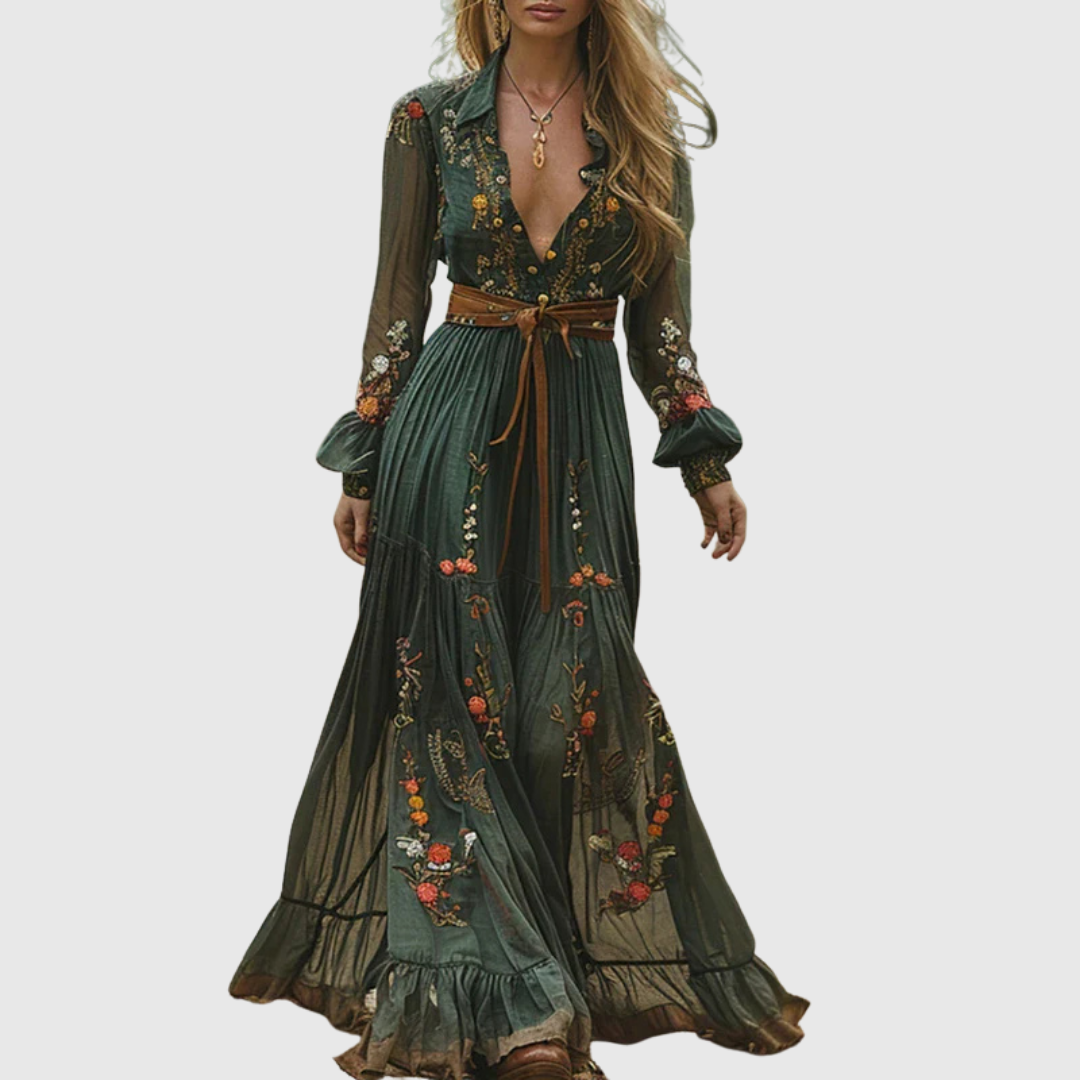 Elegant women's embroidered boho maxi dress with sheer sleeves, a matching belt, and flowy ruffle hem, perfect for parties.