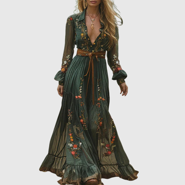 Elegant women's embroidered boho maxi dress with sheer sleeves, a matching belt, and flowy ruffle hem, perfect for parties.