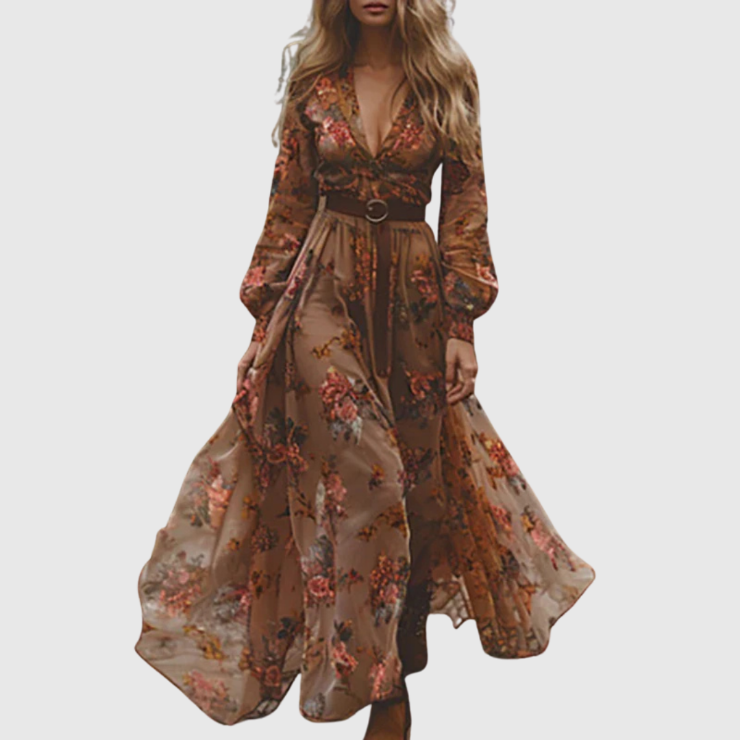 Flowy women's boho maxi dress with intricate embroidery, sheer long sleeves, and an adjustable belt for a chic look.