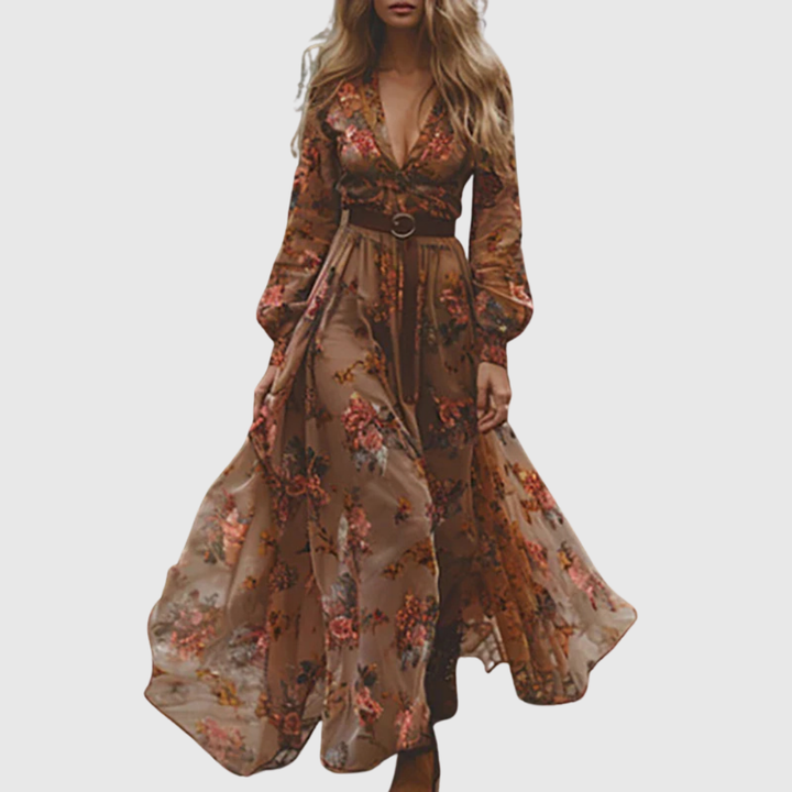 Flowy women's boho maxi dress with intricate embroidery, sheer long sleeves, and an adjustable belt for a chic look.