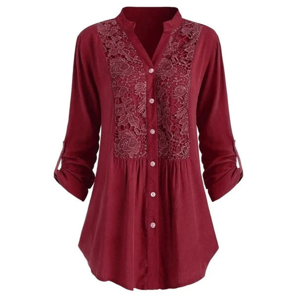 Stylish women's lace top featuring a delicate V-neck and beautiful embroidery, ideal for fashion-forward women.