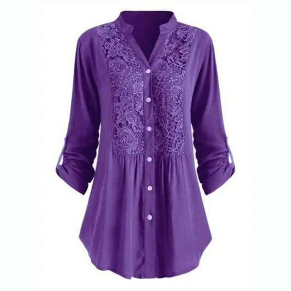 New long sleeve women's blouse, a versatile lace and embroidered shirt suitable for elegant casual or formal occasions.