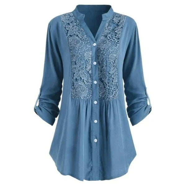 Fashionable new women's embroidered lace blouse. A chic V-neck long sleeve top for modern elegant style.