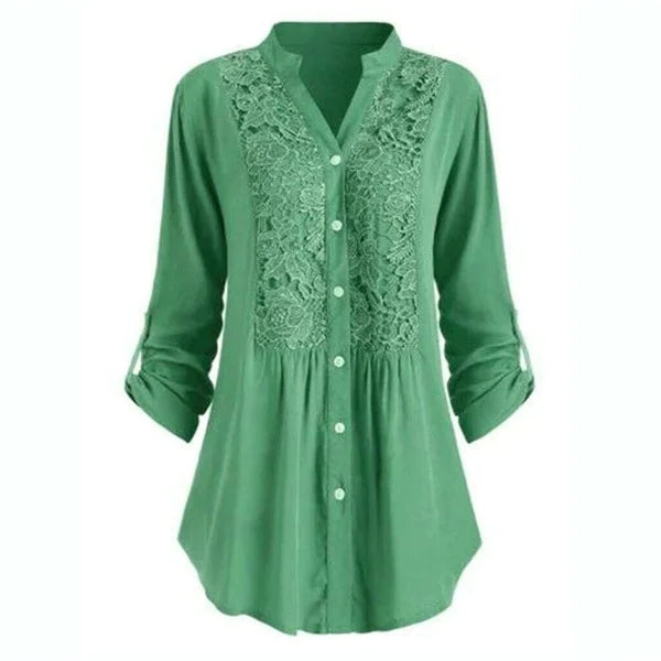 Women's elegant embroidered lace blouse, a sophisticated long sleeve V-neck top for various fashion ensembles.