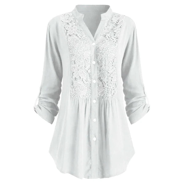 Full view of a new women's elegant embroidered lace blouse. Chic V-neck, long sleeves, suitable for any occasion.