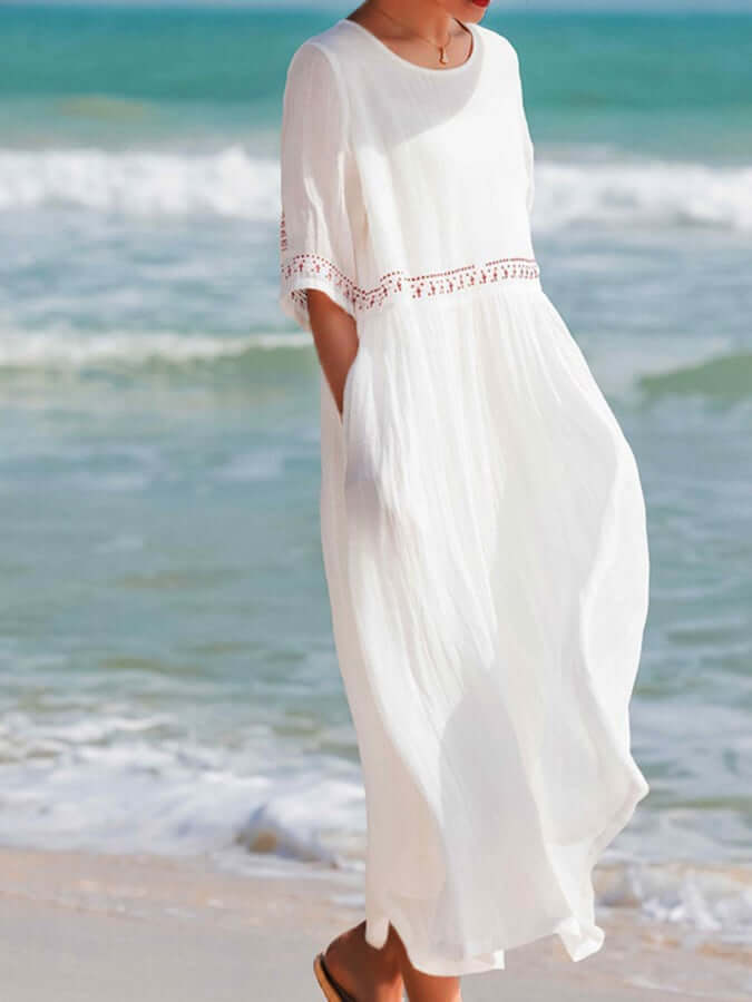 Boho chic loose embroidered summer dress, offering comfort and versatile day fashion.