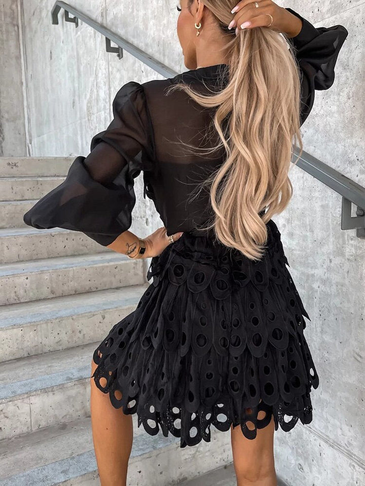 Stunning women's mini dress featuring intricate embroidery, sheer sleeves, and stylish cutwork detailing.