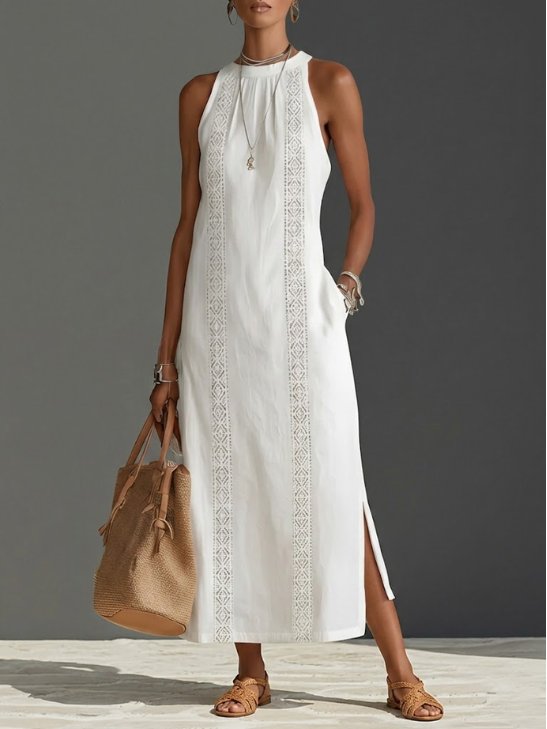 Elegant women's embroidered sleeveless midi dress, perfect for summer parties & sophisticated events.