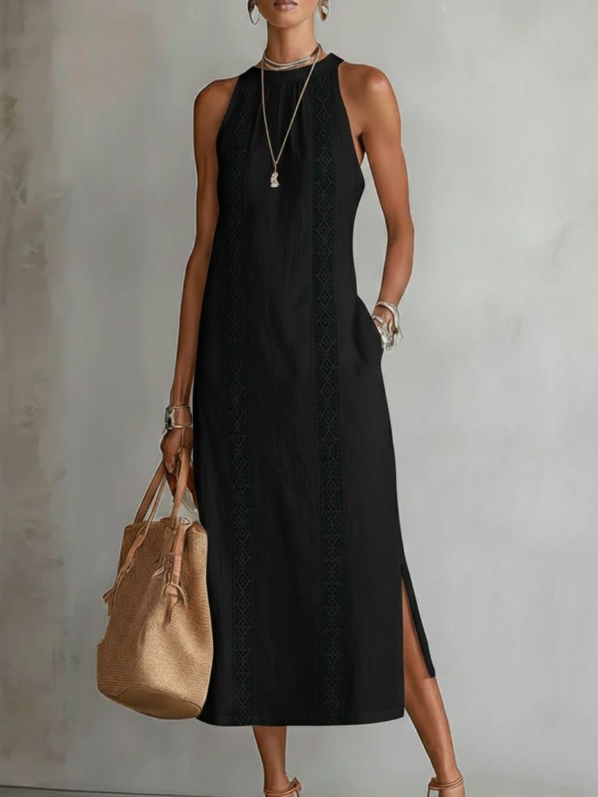 Stylish embroidered sleeveless midi dress for women, elegant round neck design, perfect for parties.