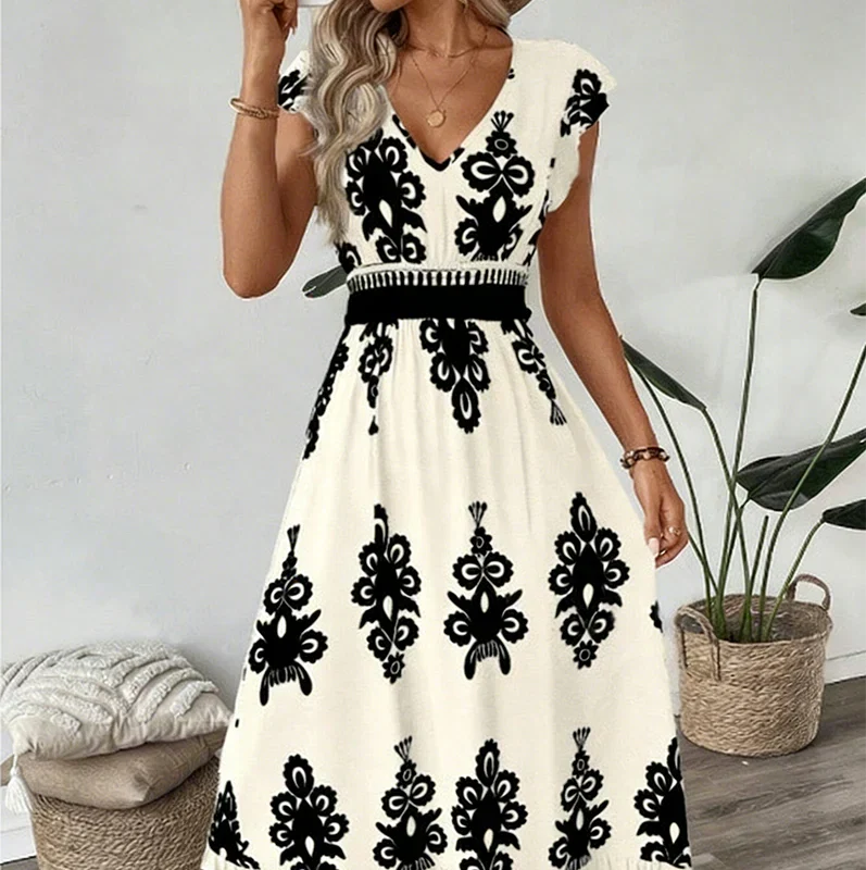 Front view of an elegant women's embroidered summer midi dress, V-neck, flared, for graceful style.