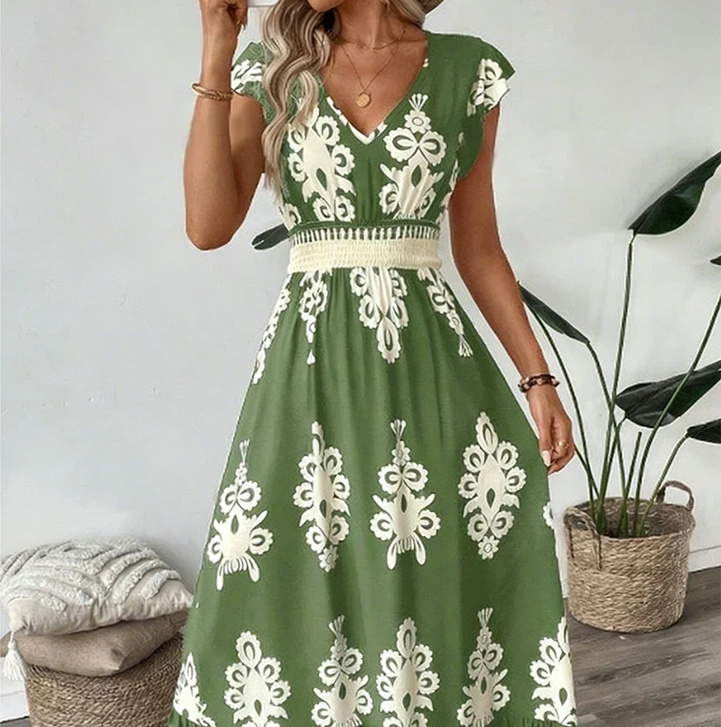 Model in an elegant women's embroidered V-neck summer midi dress, perfect for spring fashion and casual elegant style.